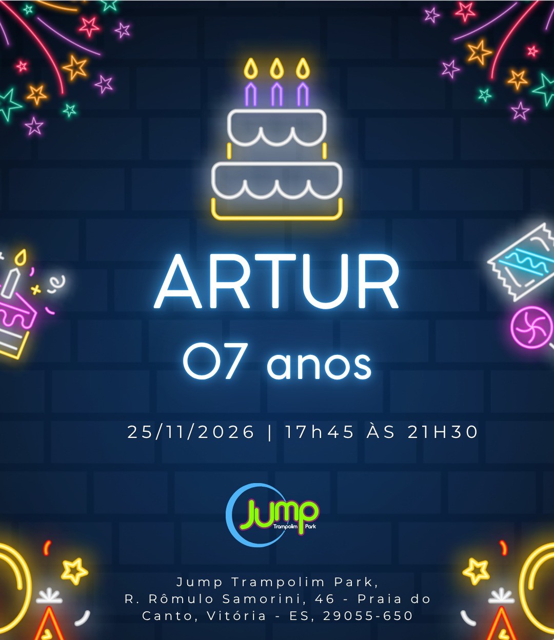 Convite Artur 07 anos no Jump Trampolim Park
